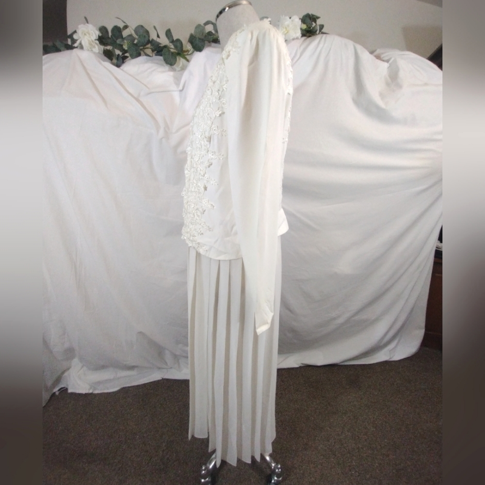 Midi Dress+Jacket, Vintage Open Crop, Long Sleeve, Ivory, Lace, Pleats, Straps,8 - Picture 4 of 16